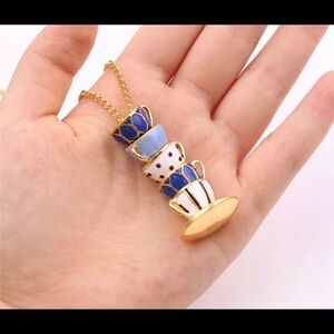 Enamel 5 Teacup Tower Necklace Set in navy blue and white
